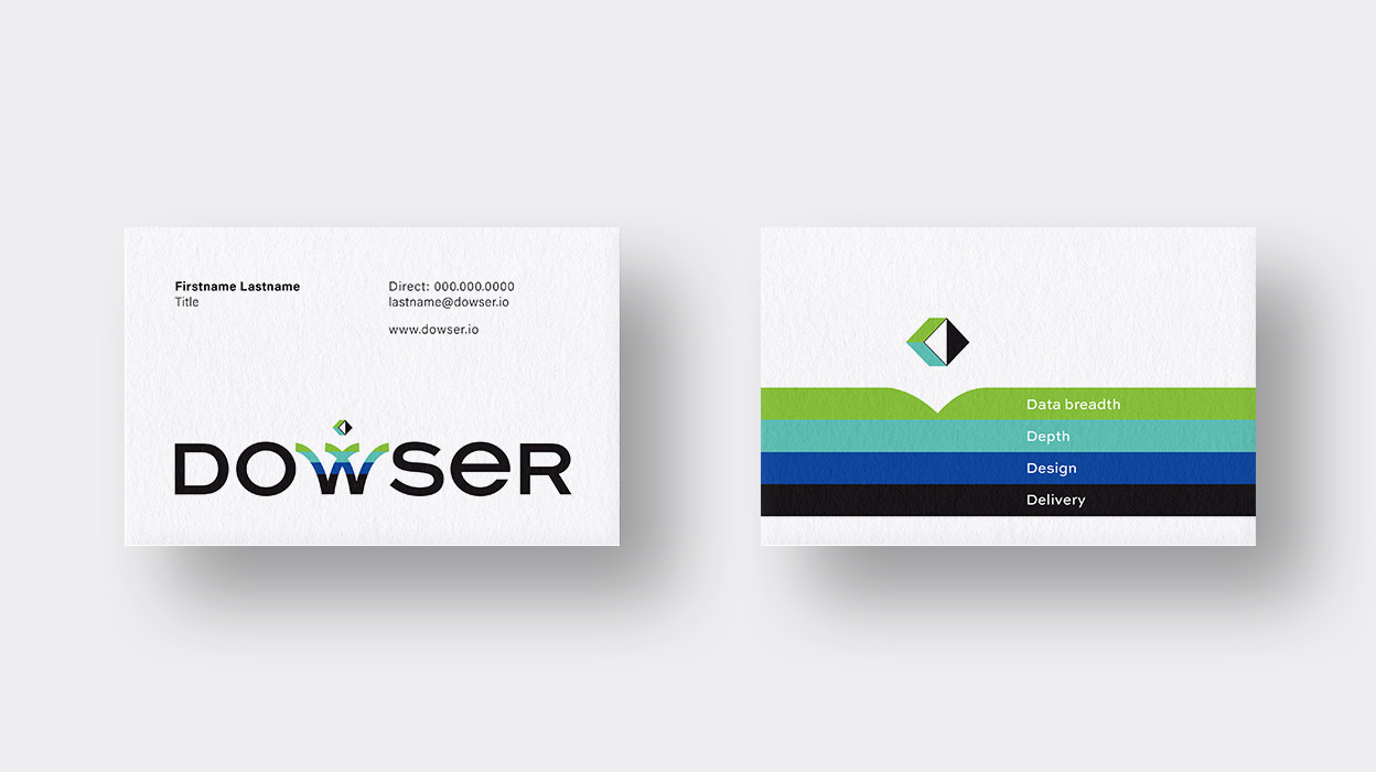 Front and Back of Business Card Design Uses Green Blue and Black Stripes